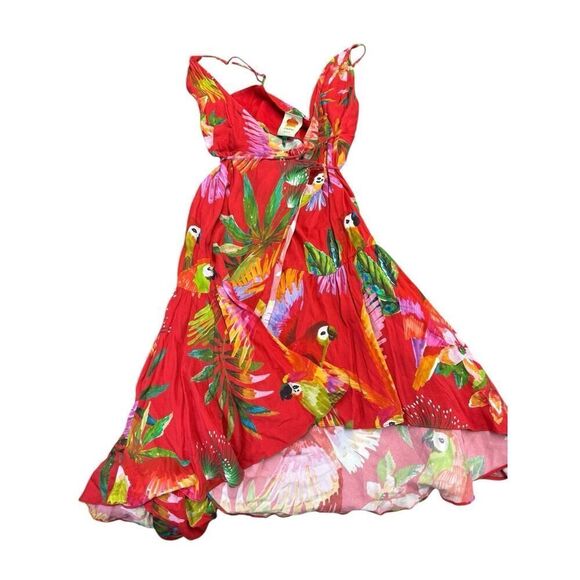 Farm Rio Red Tropical Parrot Wrap Dress XS Asymmetrical Midi Vacation Ready - Picture 5 of 13